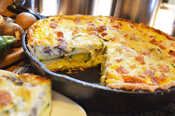 Cast Iron Quiche with Grilled Ham Steak, Mushrooms, Onions and Zucchini