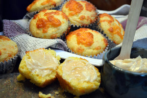Smoked Cheddar Corn Muffins with spicy Whipped Honey Butter