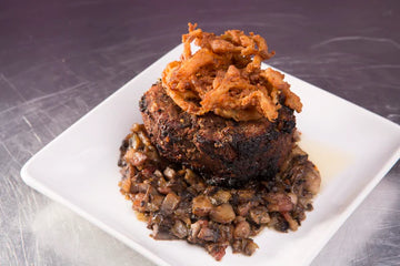 Bacon Portobello Filet with Crispy Onion Straws